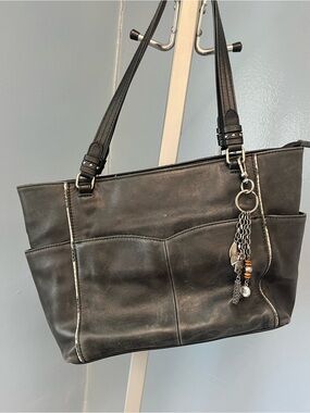 The Sak Black Leather Shoulder Tote with Charm Accent